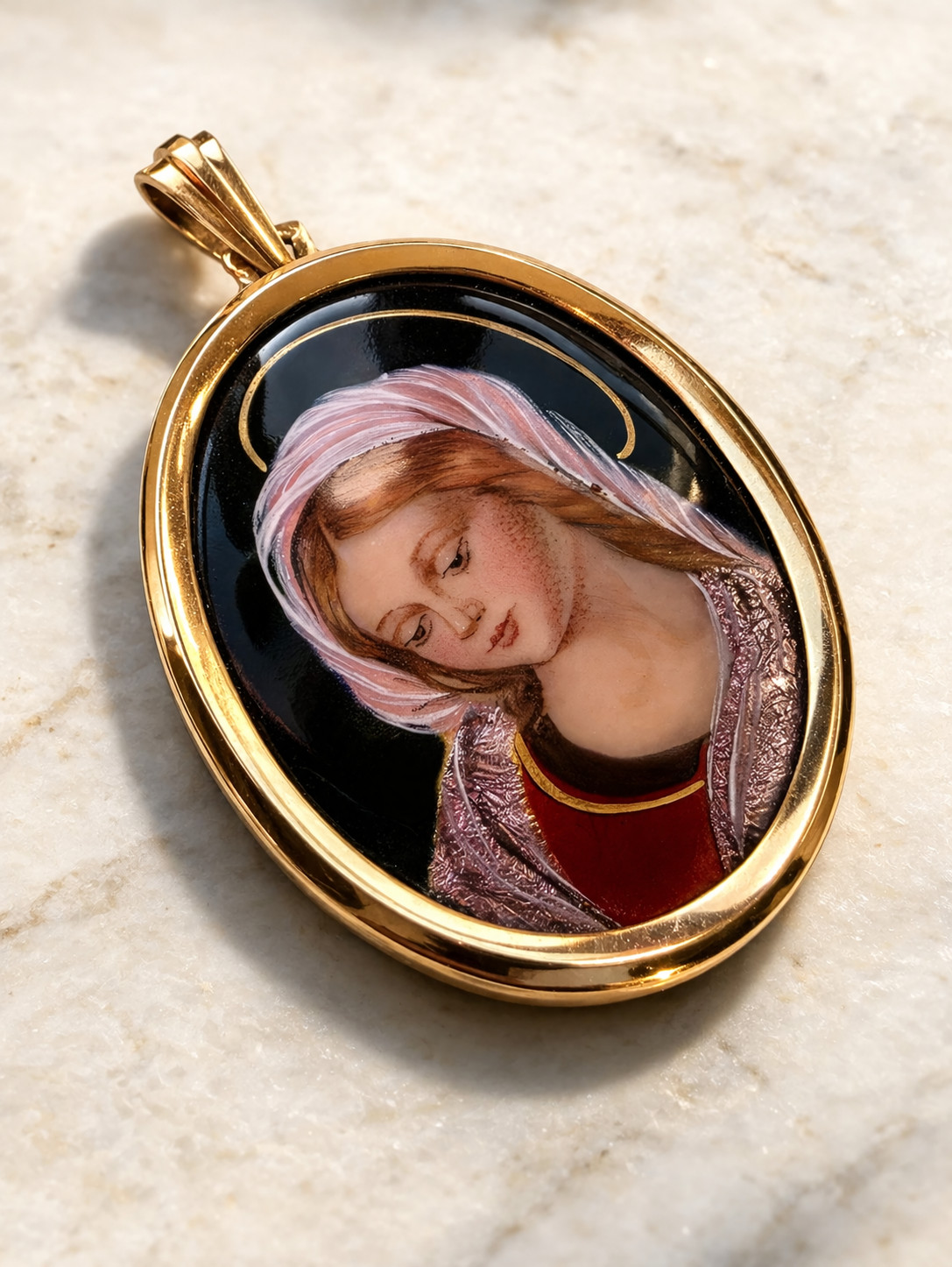 Fine Antique Art Nouvea 18K 18CT Gold Enamel Virgen Mary Medal Pendant Ca 1900