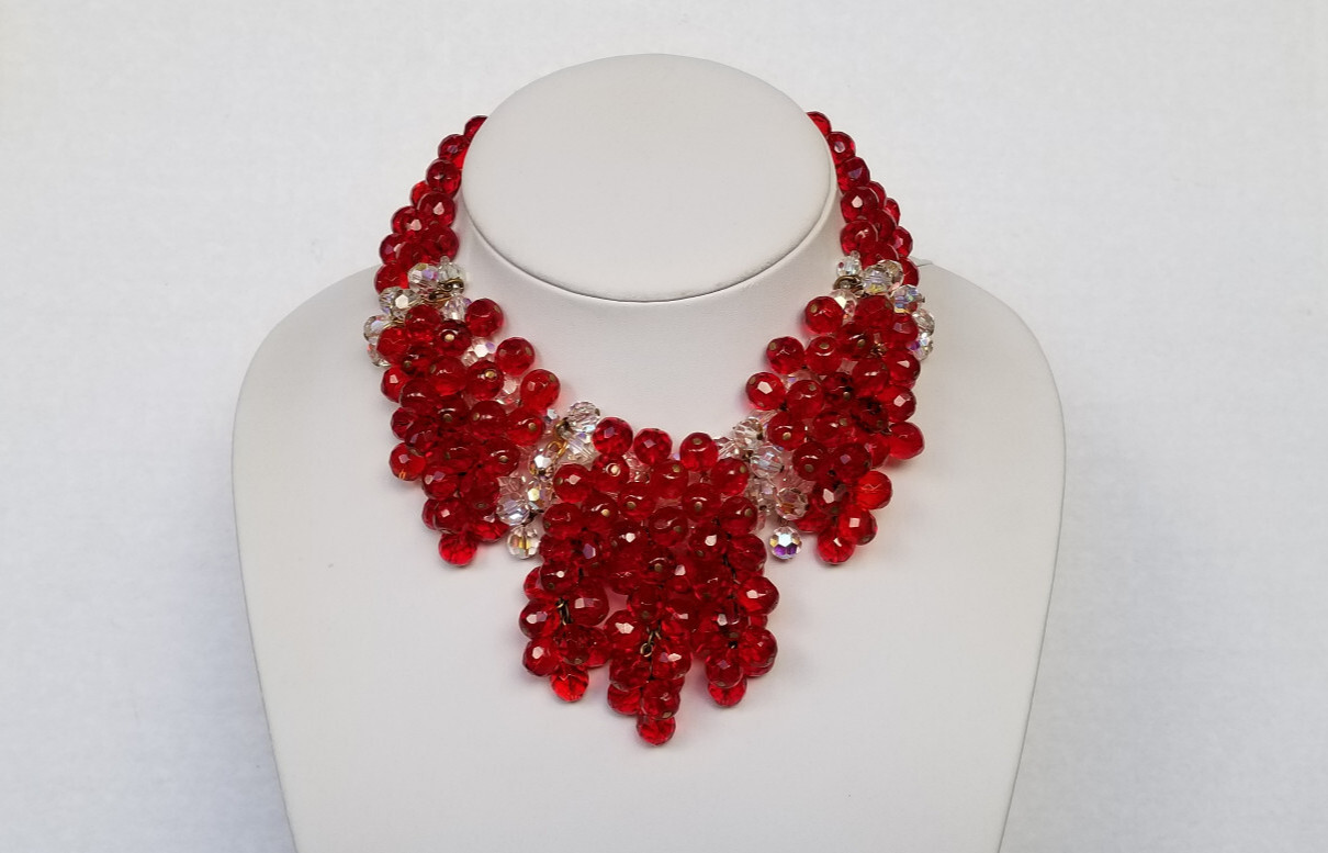 Vintage Signed France AB Bead & Red Glass Cluster Bead Necklace