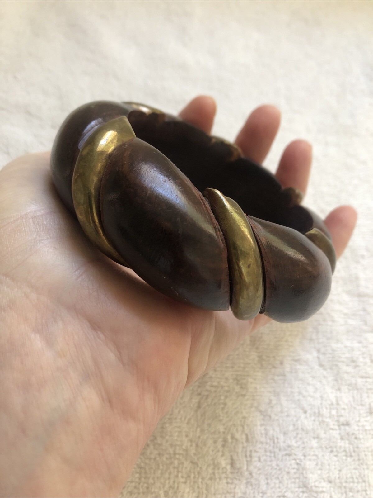 Vintage 1960’s Dark Brown Wooden Bangle with Gold Tone Metal Inlay Bracelet