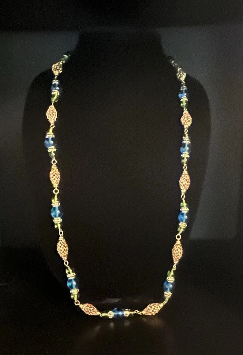 Sandra Miller Burrows(SMB) Gold-tone Filigree Necklace with Blue and Green Beads