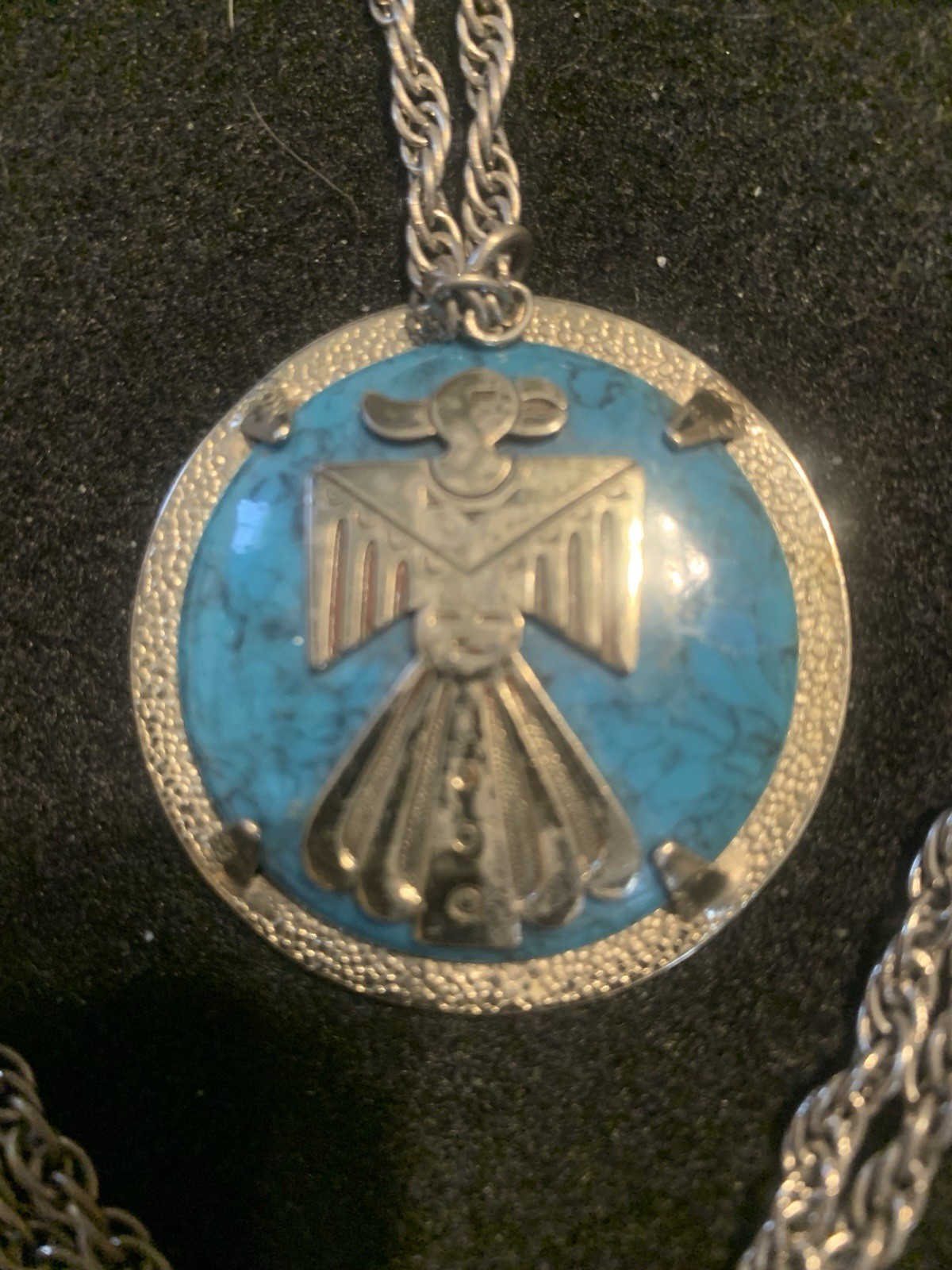 VINTAGE BELL TRADING CO NICKEL SILVER TURQUOISE THUNDERBIRD PENDANT NECKLACE