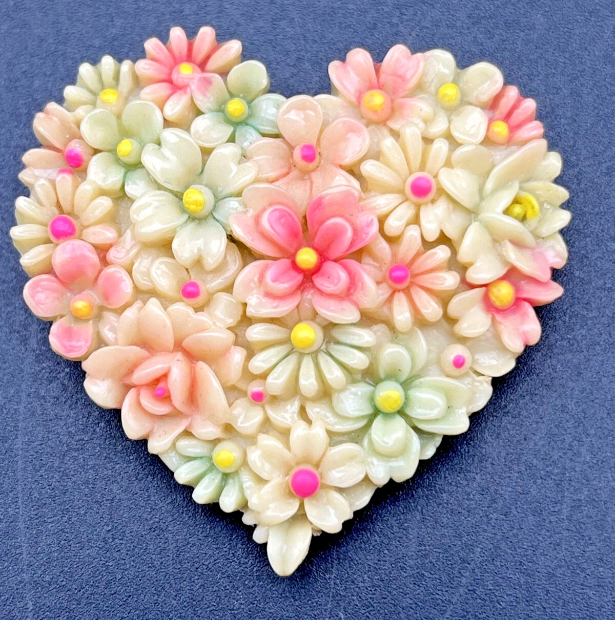Vintage Carved Celluloid Heart BLOOMING Flowers Pink Lime Green Fur Dress Clip