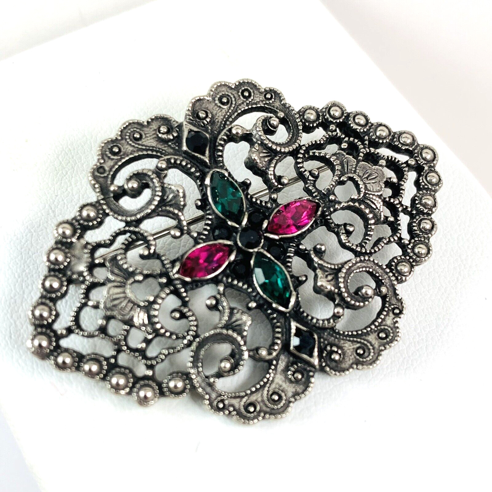 Vintage 1928 Brand Pink and Green Rhinestone Silver Tone Brooch Pin