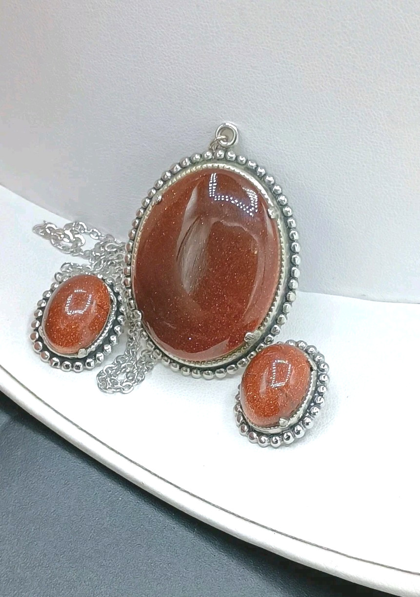 Vintage Goldstone Necklace Clip On Earrings Set Silver Tone