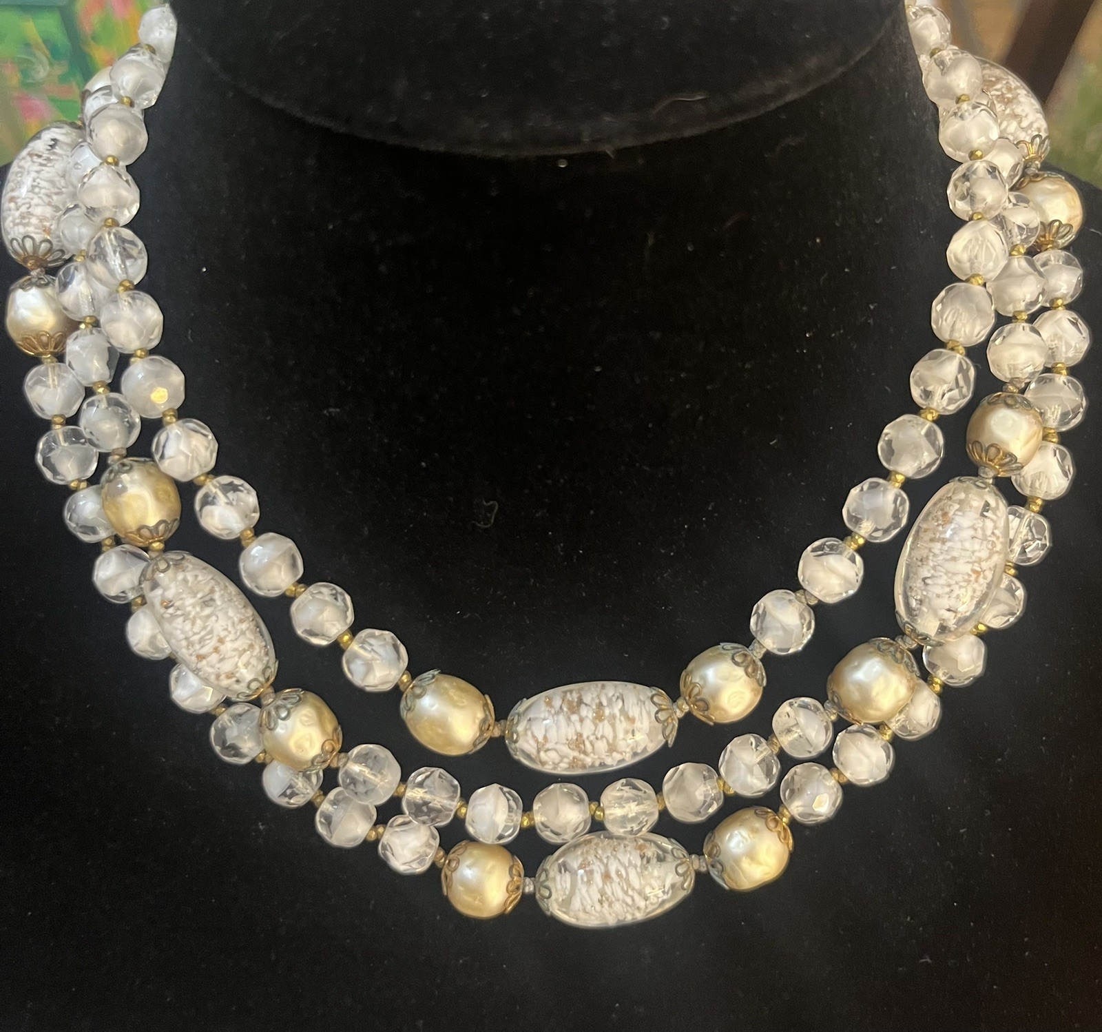 Vintage Foil Glass Necklace Murano Multistrand White Beaded Estate Jewelry Rare