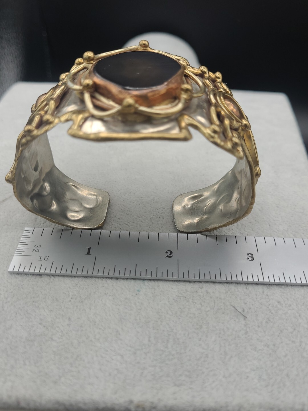 Vtg Mixed Metals Silver Tone Brass Copper Natural Stone Brutalist Cuff Bracelet