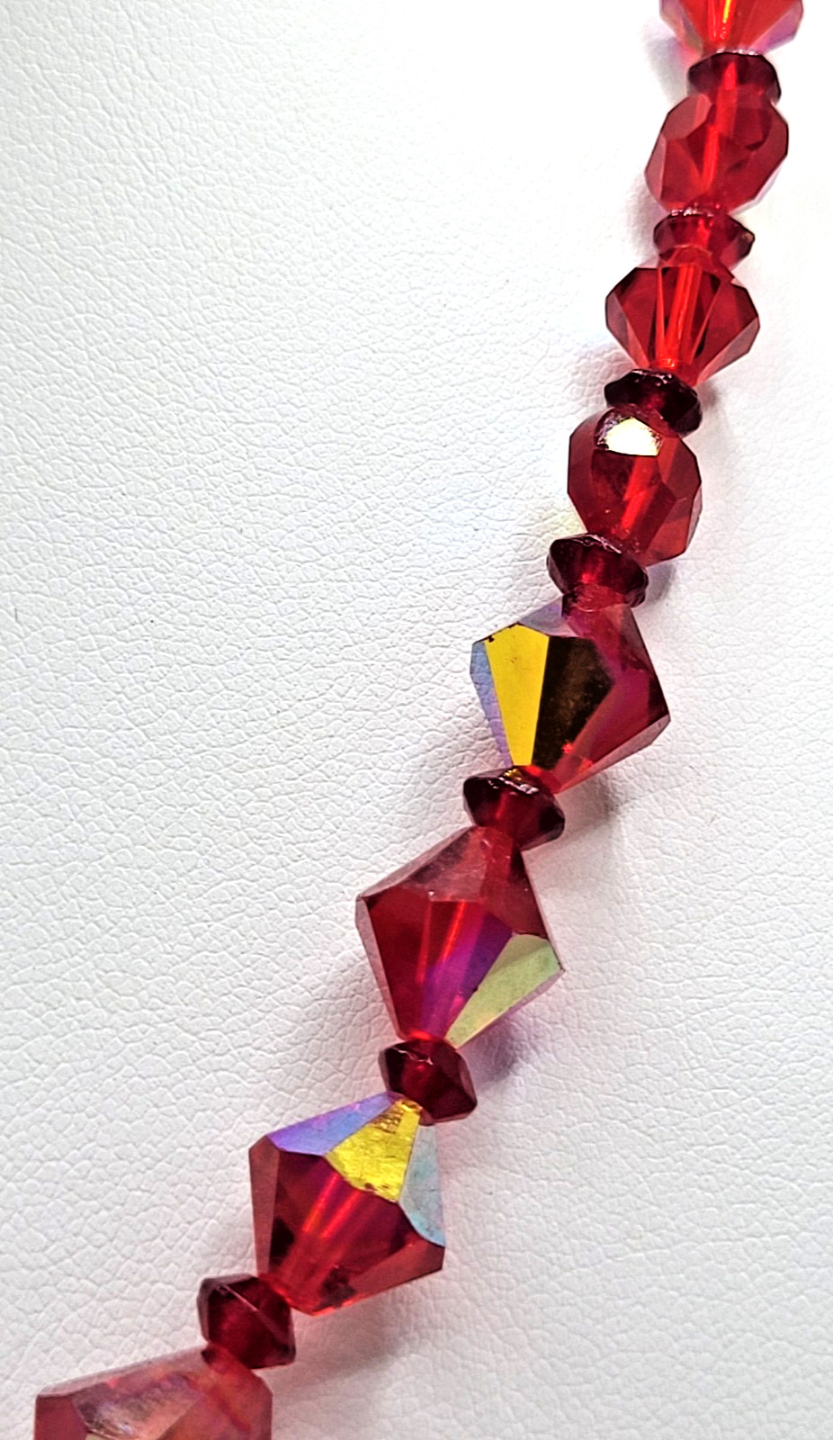 Vintage Ruby Red AB Bicone Bead Aspirin Crystal Bead Necklace Cluster Box Clasp