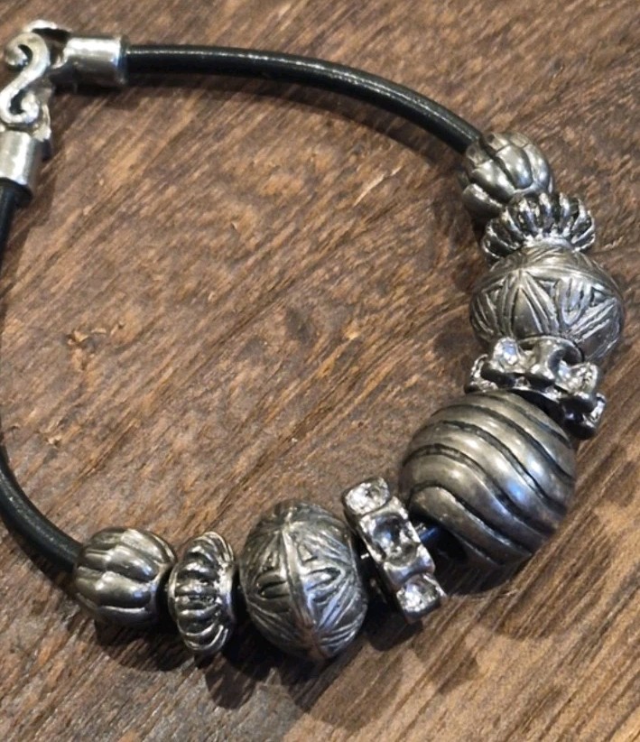 Vintage Silver Tone Beaded Black Leather Cord Bracelet, Magnetic Closure