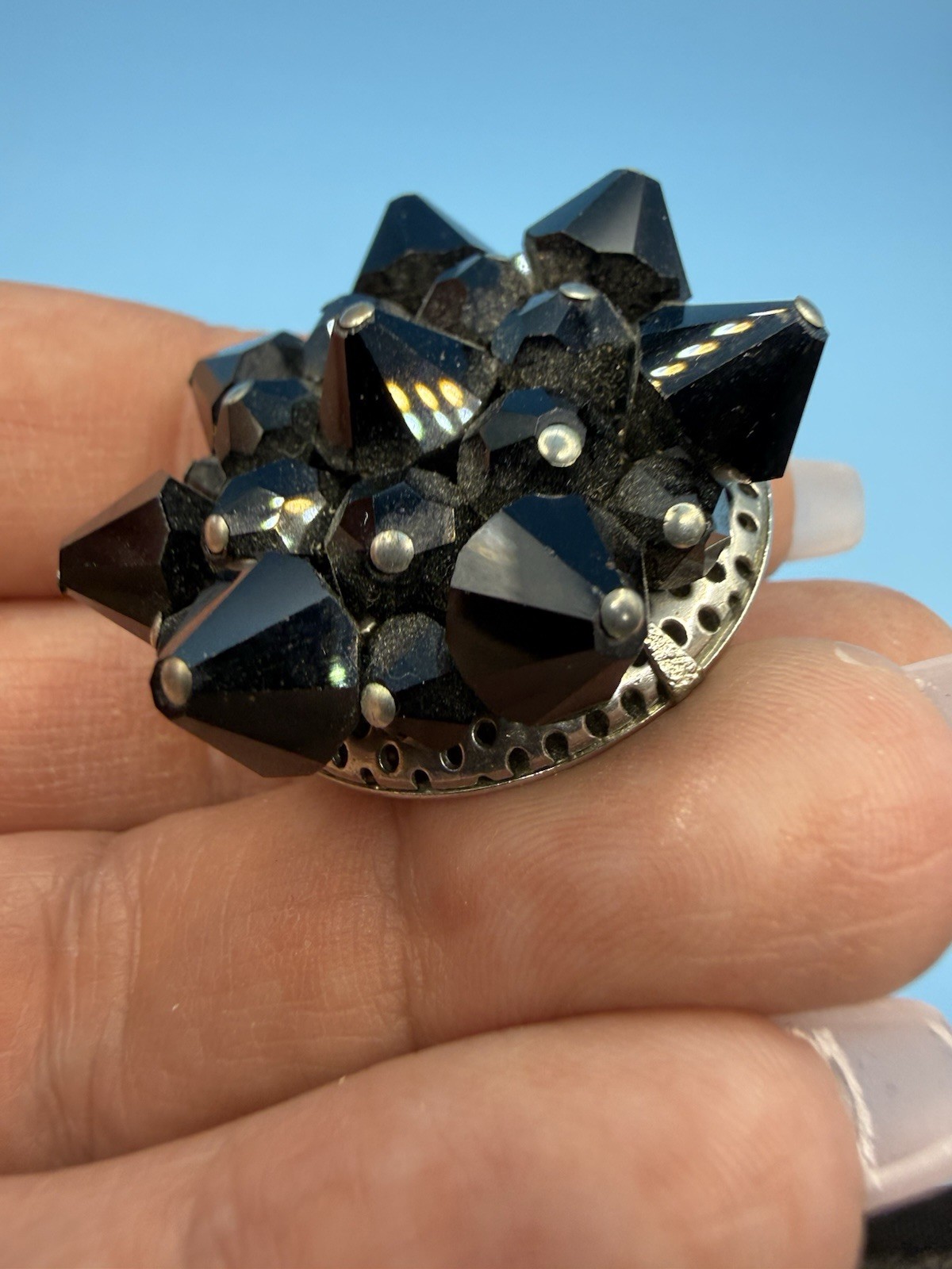 Vintage Black Faceted Glass Flower Star Pin Brooch 1 1/2 inches Across
