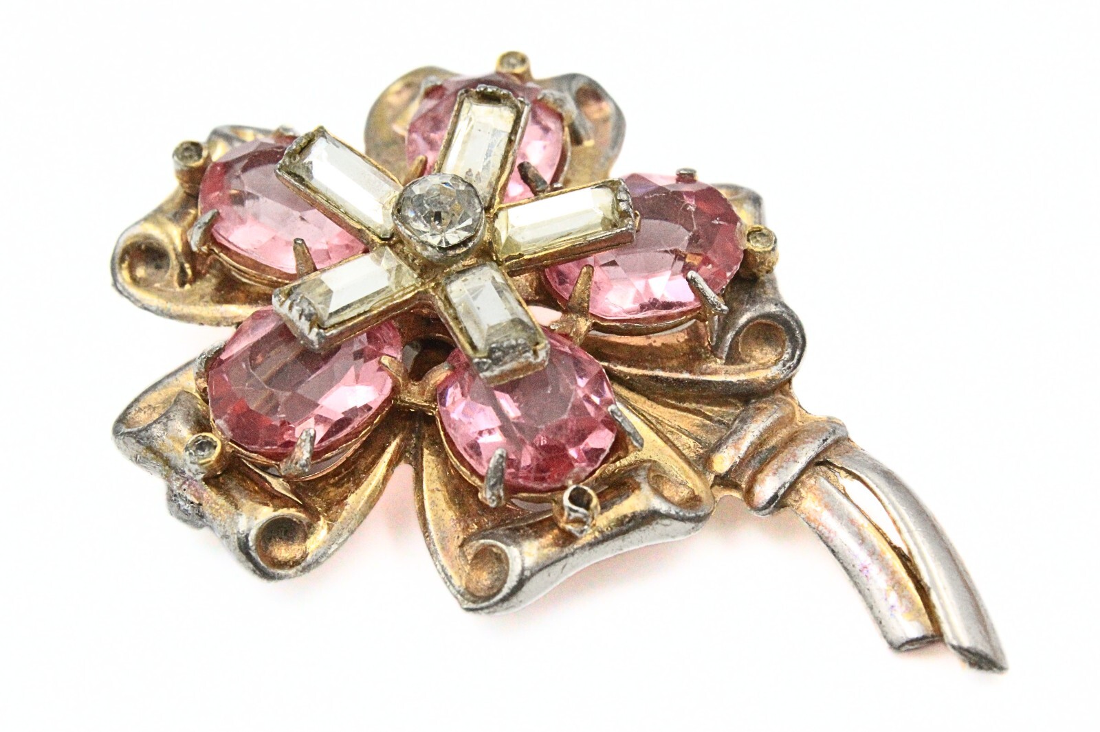 Lovely 1940’s Retro Pink White Glass Rhinestones Flower Brooch