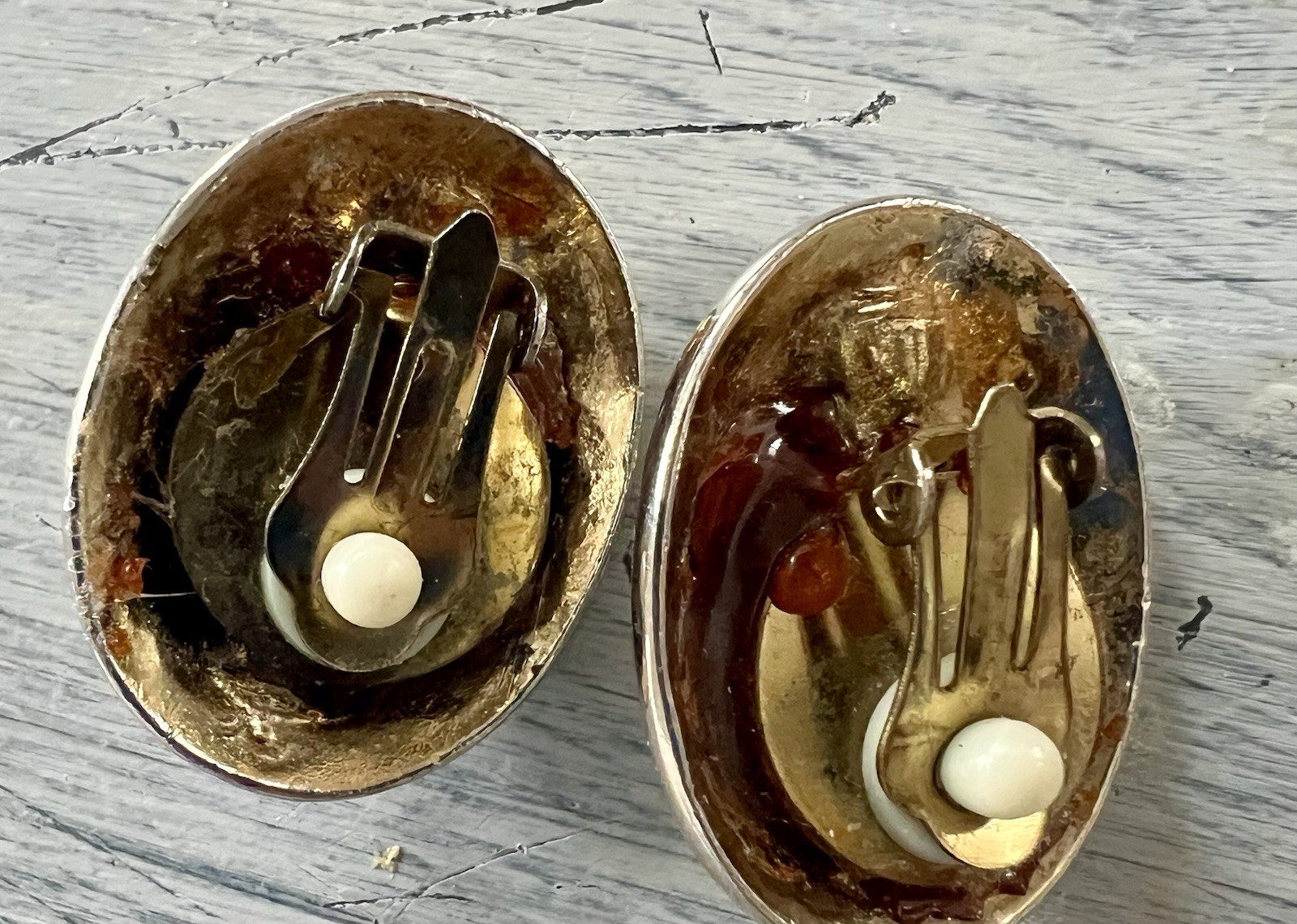 Vintage 1960s Oval Clip On Earrings Lime Green Enamel, Gold & Rhinestone
