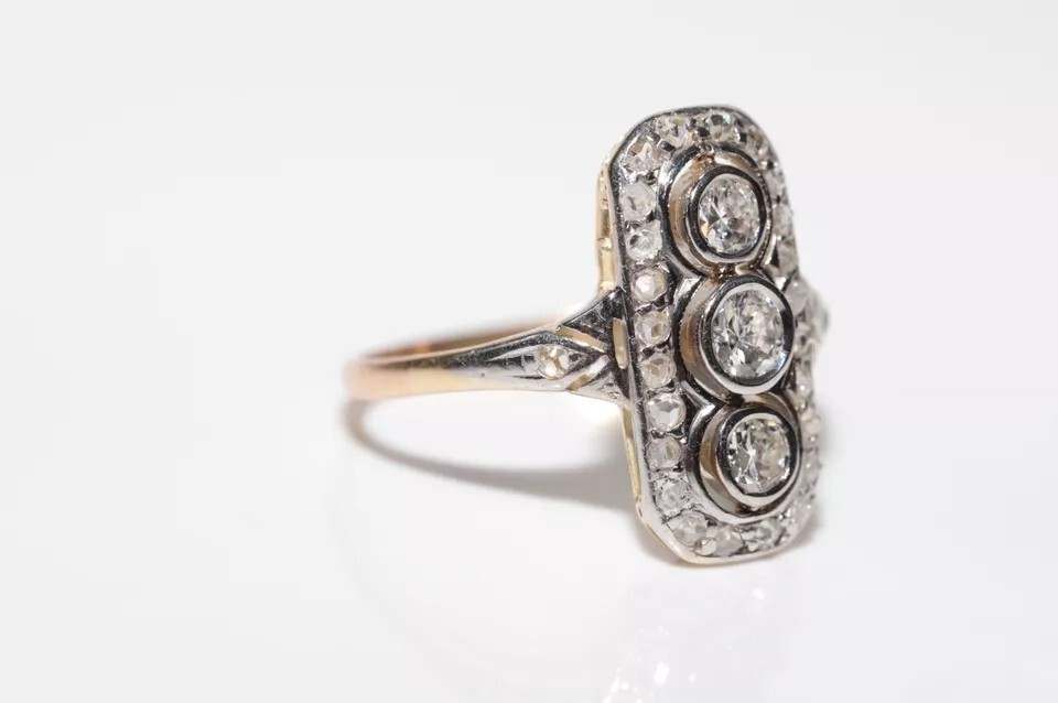 Antique Circa 1920s Art Deco 14k Gold Finish Lab Created Diamond Decorated Ring