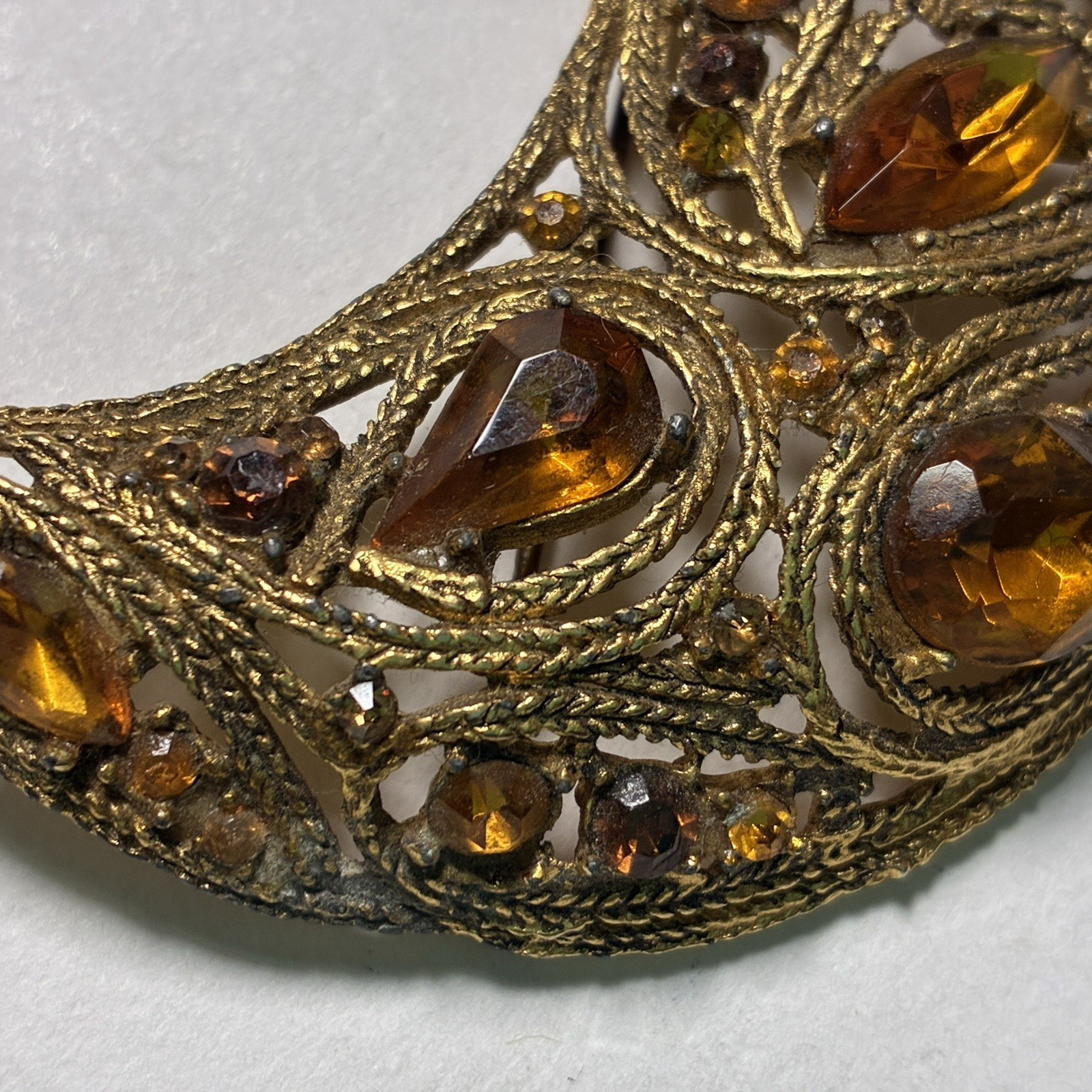 Large Vintage La Roco 1950s Half Moon Crescent Brooch Lapel Pin Faux Amber