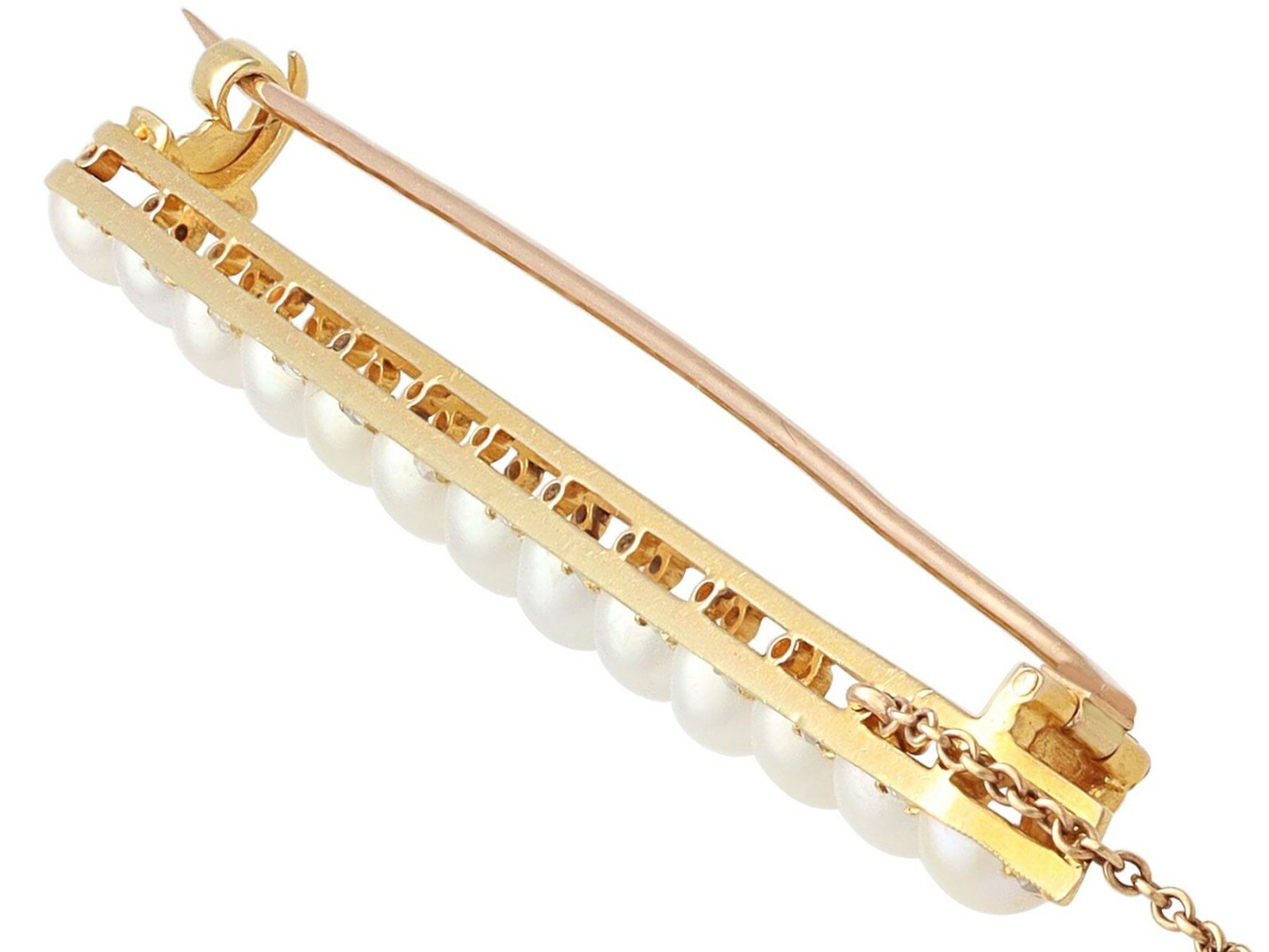 Natural Pearl and 0.78ct Diamond, 18ct Yellow Gold Bar Brooch – Antique