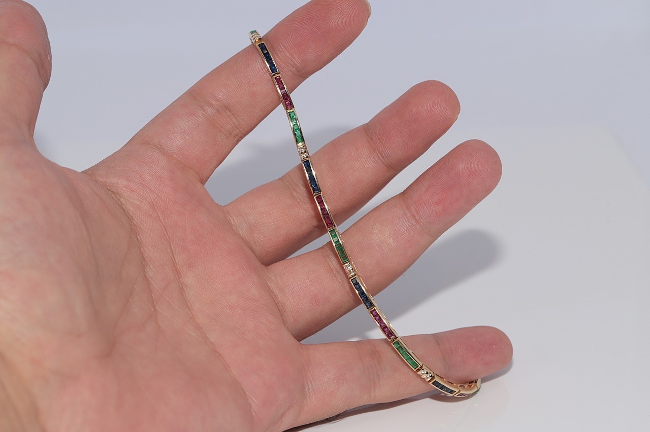 Vintage Circa 1980s 18k Gold Natural Diamond And Emerald Ruby Sapphire Bracelet