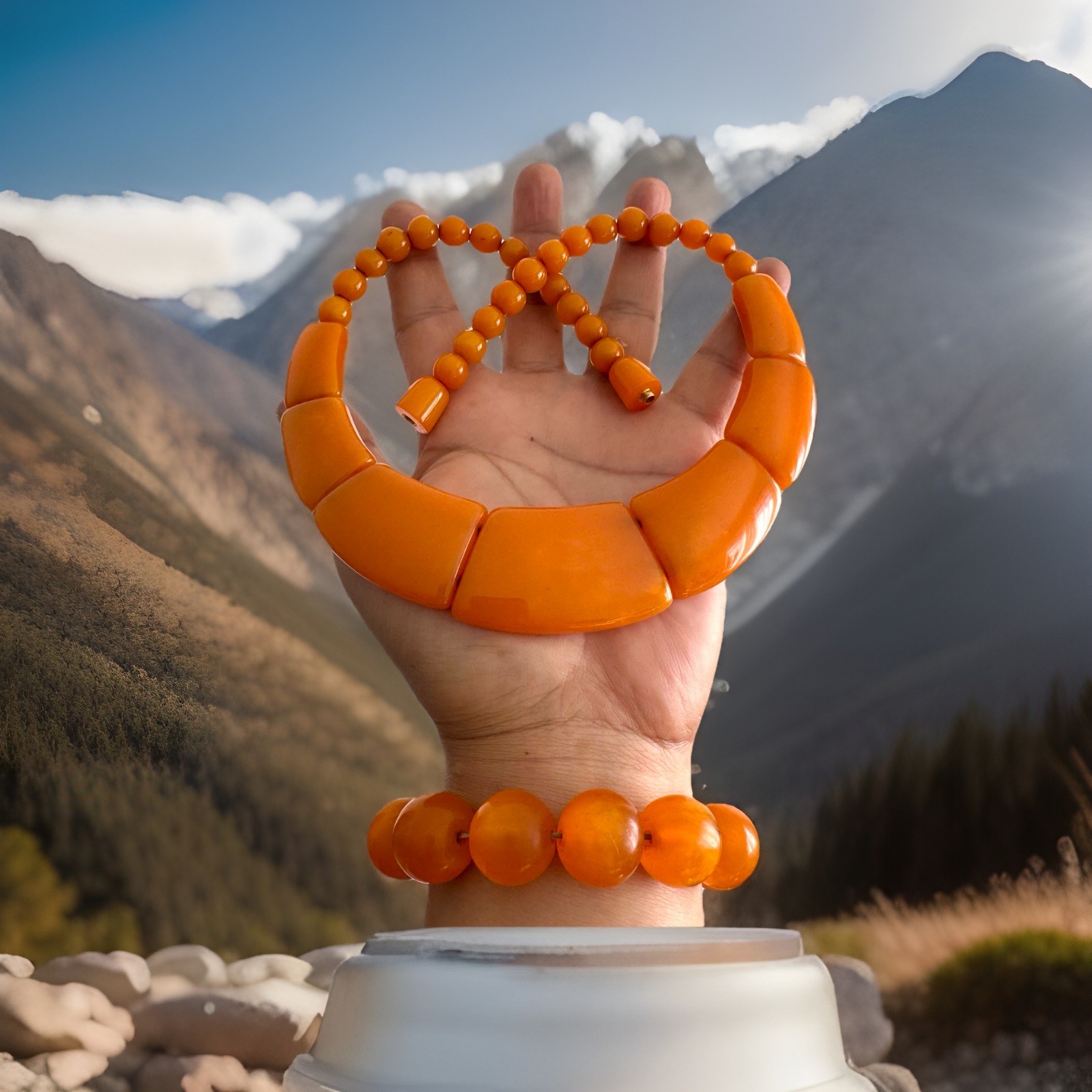 Vintage Style Unique Design Amber Resin beads Necklace from Nepal for sale