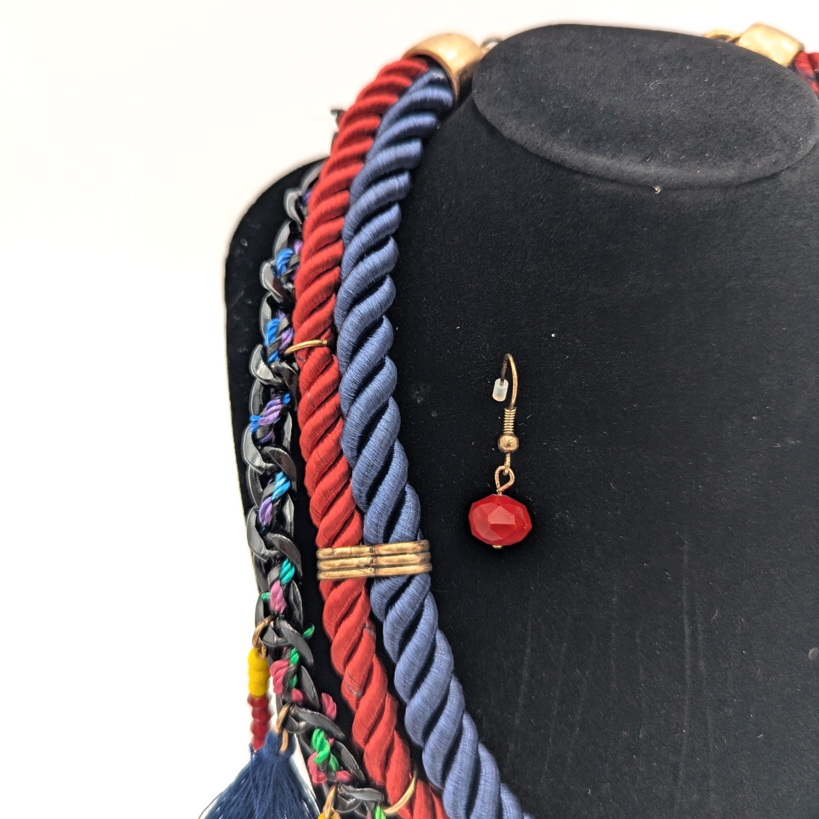 Vintage Victorian Revival Necklace Handmade Fiber Macrame Beaded Fringe Oxblood