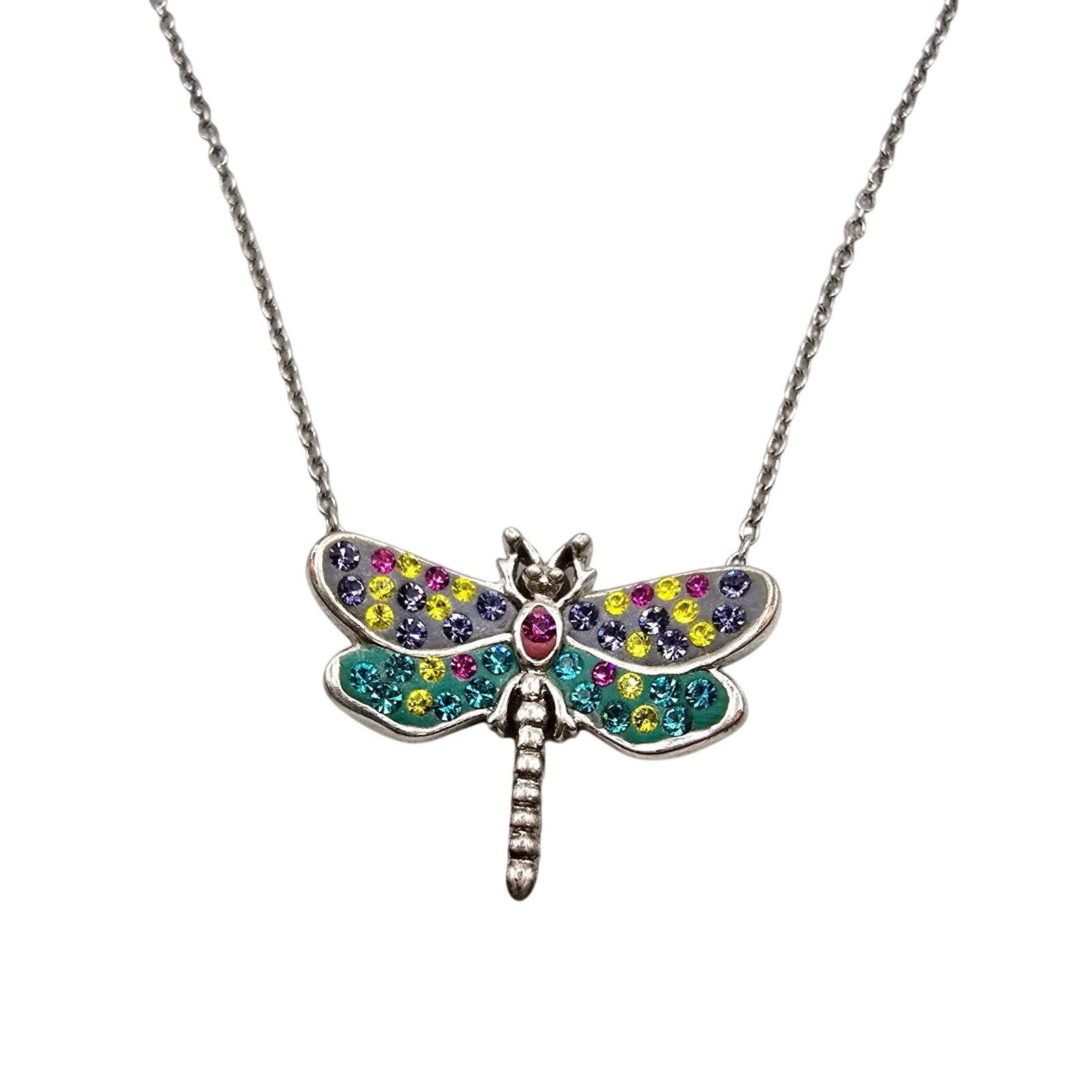 Necklace Small Dragonfly Pendant Multicolor Rhinestones Silver Tone 16″ SKU 2241