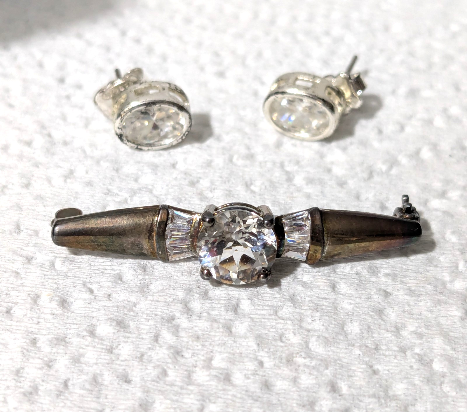 Vintage Avon Sterling White Topaz Pin & Earrings Set 925 NIB 5.9g Brilliant