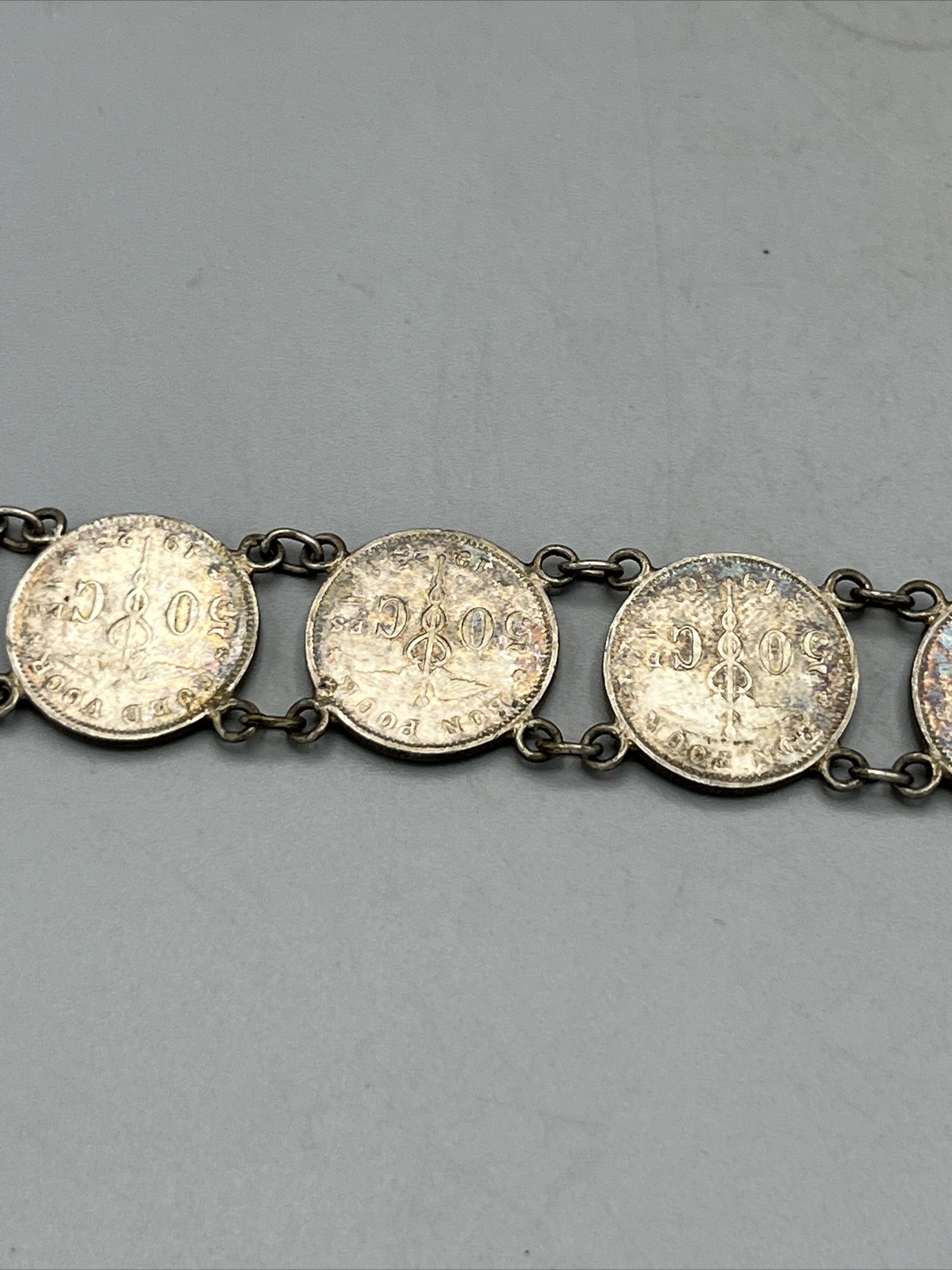 Belgian Silver Coin Bracelet Org Belgium Currency Hook Clasp 7″ Vintage