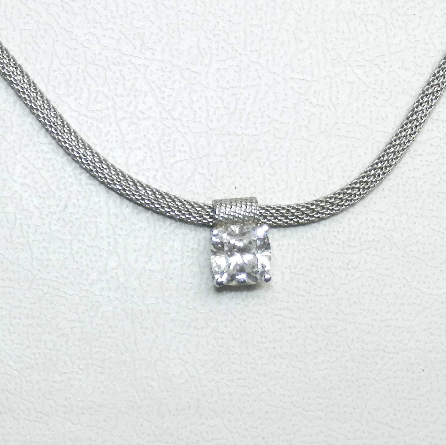 Sterling Silver 925 Mesh Chain White CZ Gem Pendant Necklace 15.5 – 17.5 In Long