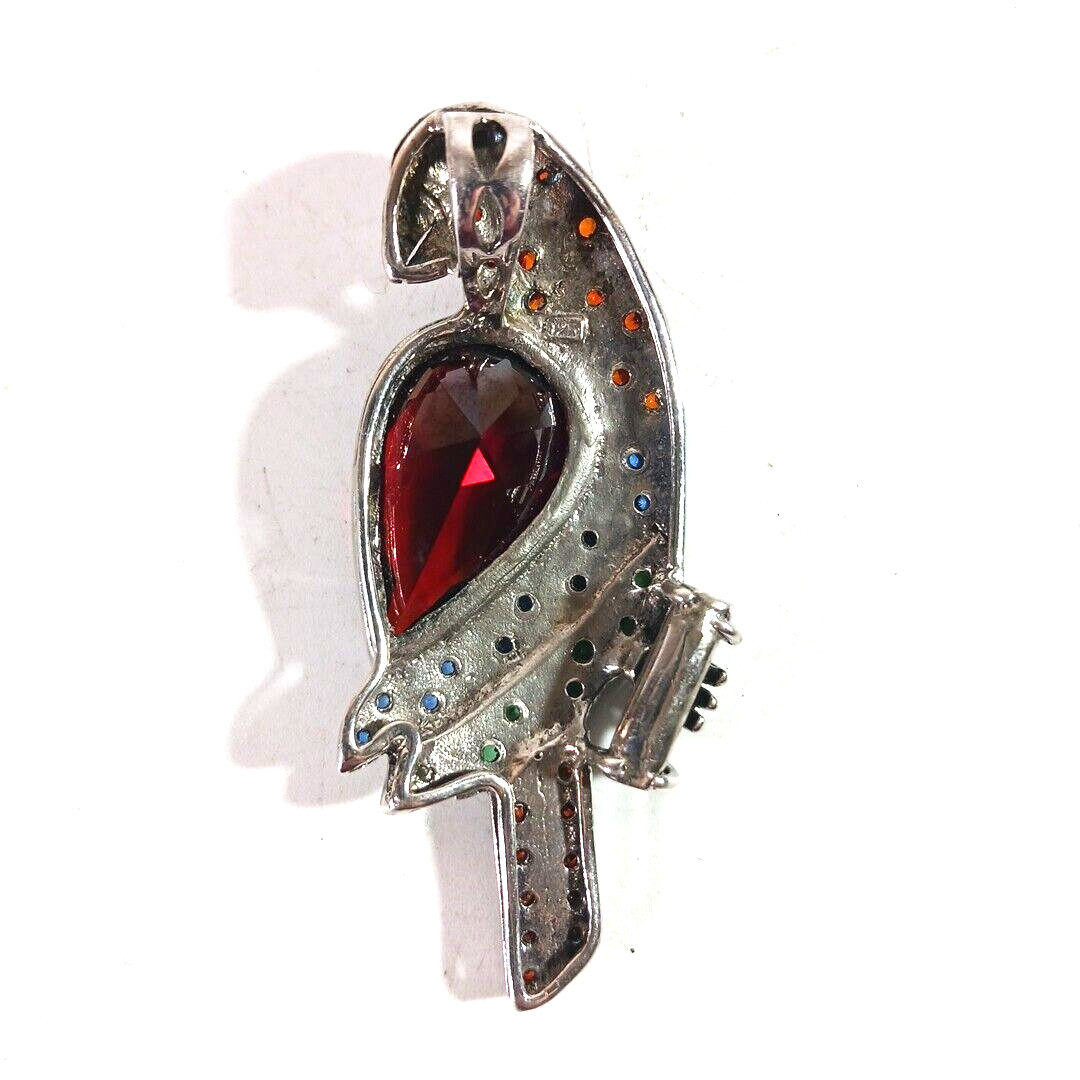 Parrot Figural Crystal Rhinestone Sterling Silver Necklace Pendant Colorful 2.75