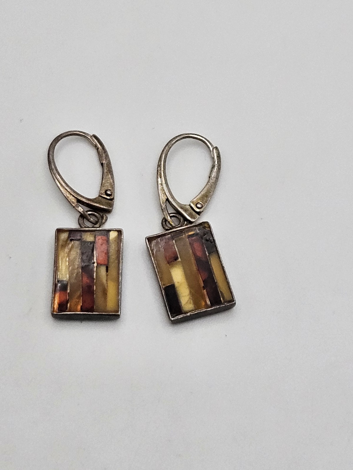 Vintage Sterling Silver Multicolor Amber Inlay Dangle Petite Earrings