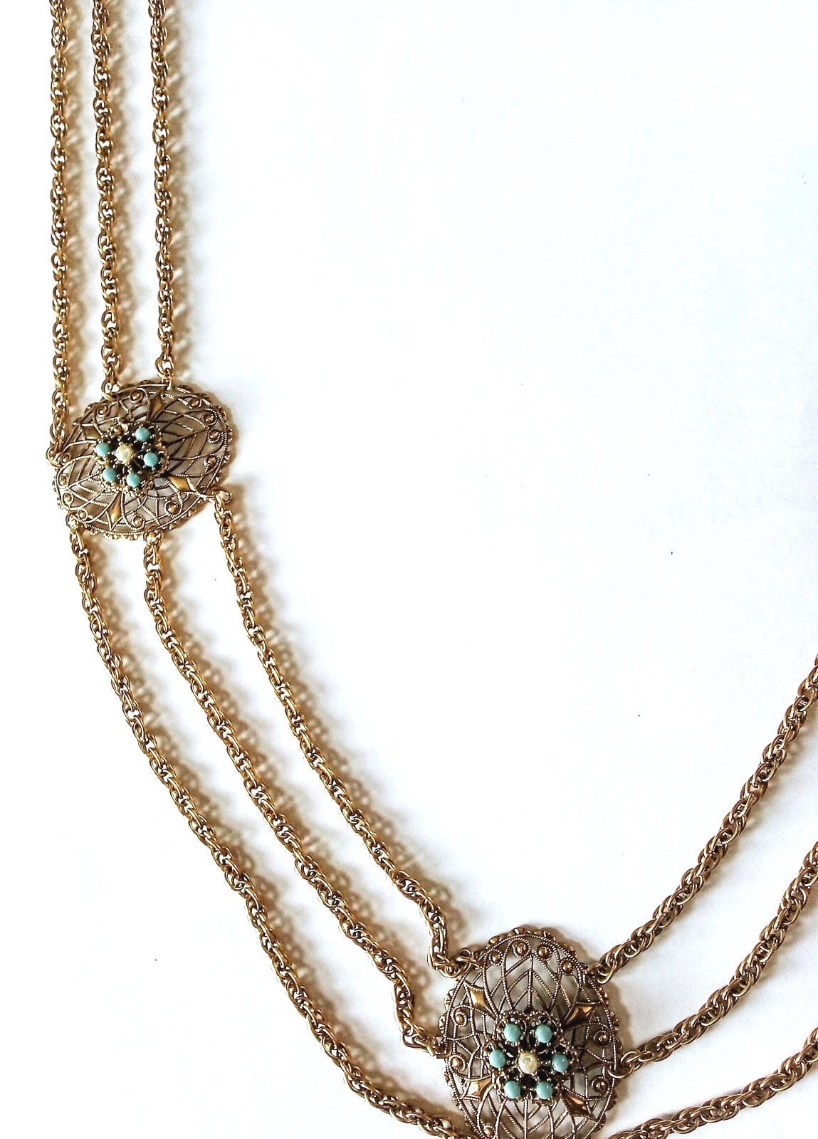 Vintage Gold Tone Chain With Faux Turquoise And Pearl Necklace Or Belt