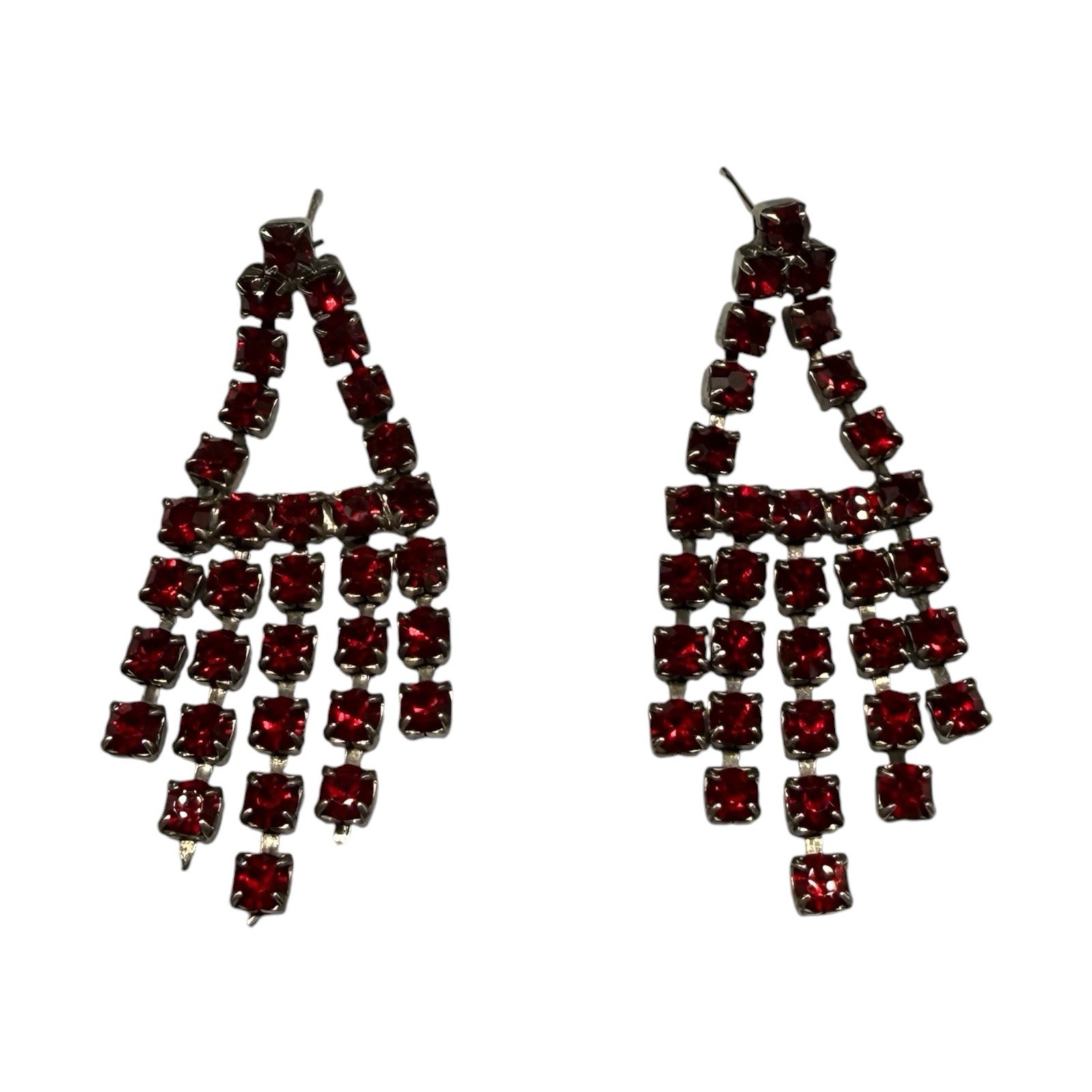 Vintage Chandelier Earrings Red Glass Rhinestones Art Deco MCM Glam Prom Pierced