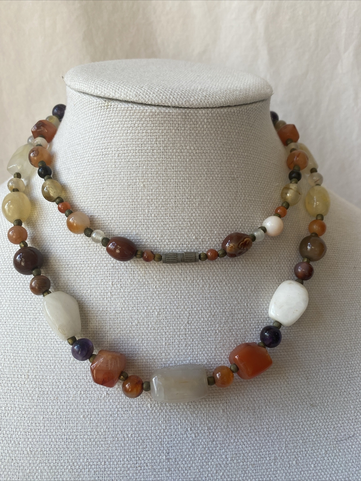 Long Polished Natural Agate Necklace, Ivory, Orange, Earth tones, 33″