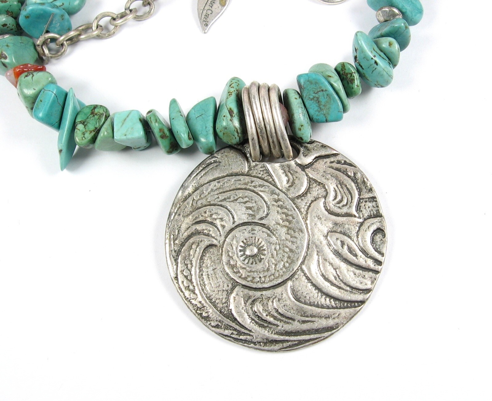 COLDWATER CREEK Vintage Green Turquoise Stone Bead Spiral PENDANT Silvertone 18″