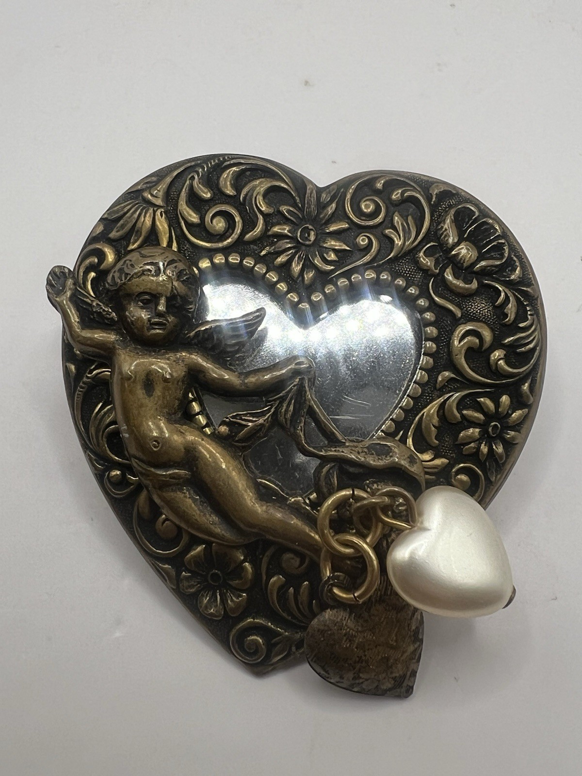 Vintage 2” Cherub Cupid Brooch Pin With 2 Heart Charms And Mirror Backing