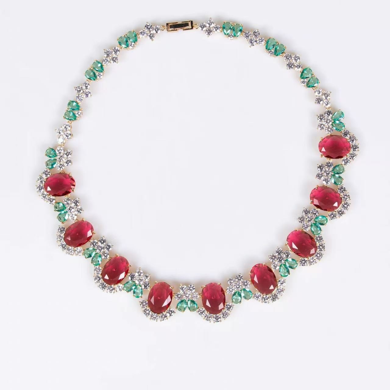 Vintage Ruby & Emerald Crystal Necklace Earrings Set Gold Tone Estate