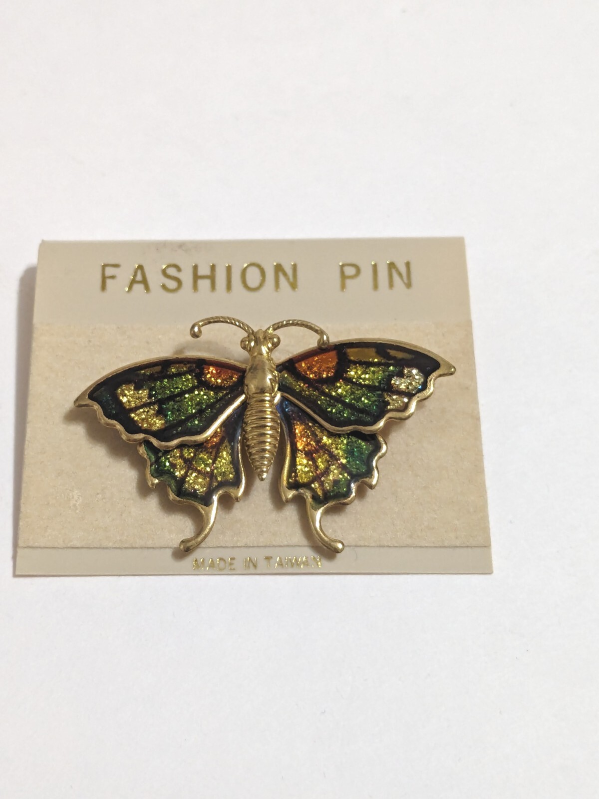Gold Tone Multi Colored Butterfly Brooch. New. Gold, Brown & Green With Glitter