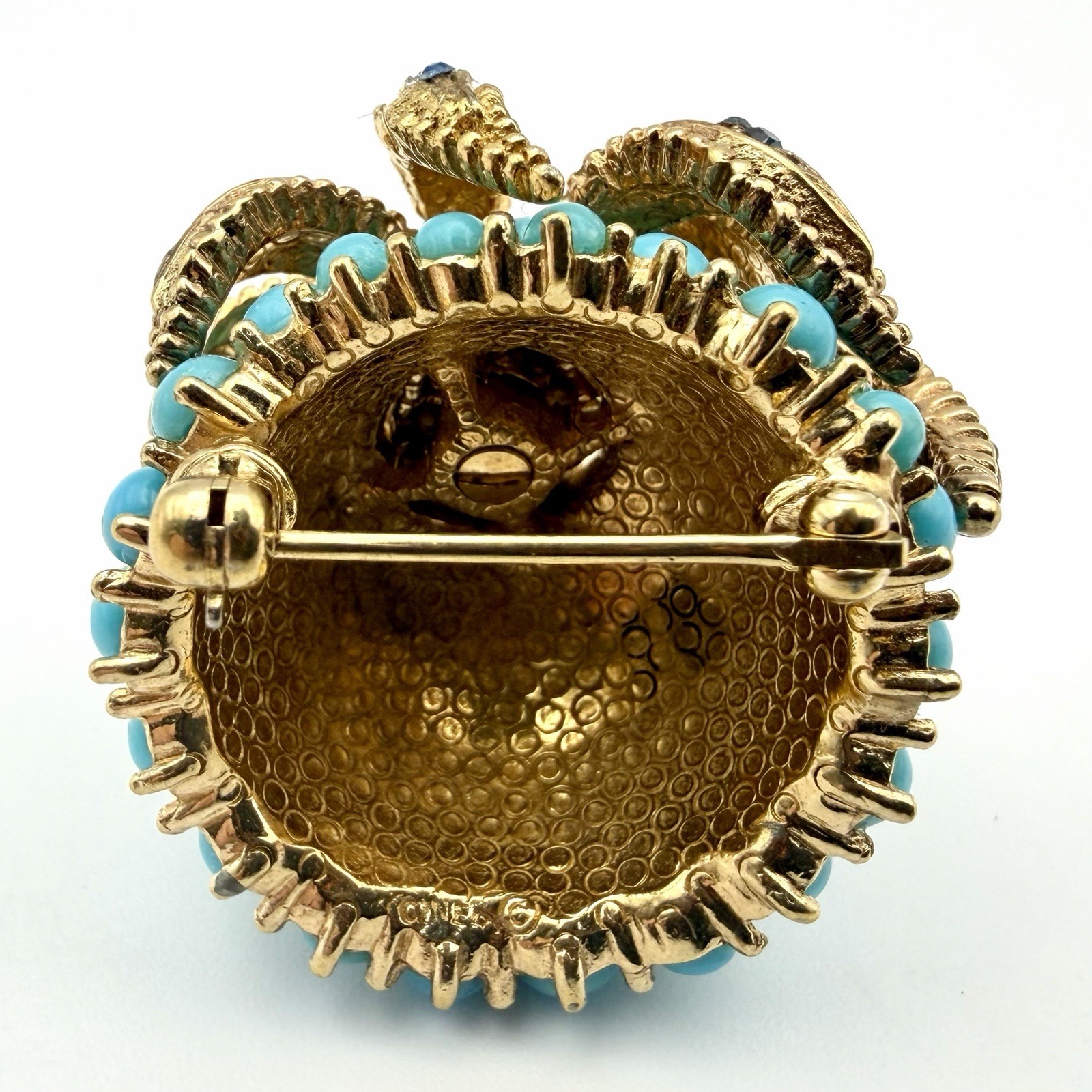 CINER Pineapple Brooch Faux Turquoise Cabochon Rhinestone Gold Tone Signed Vtg