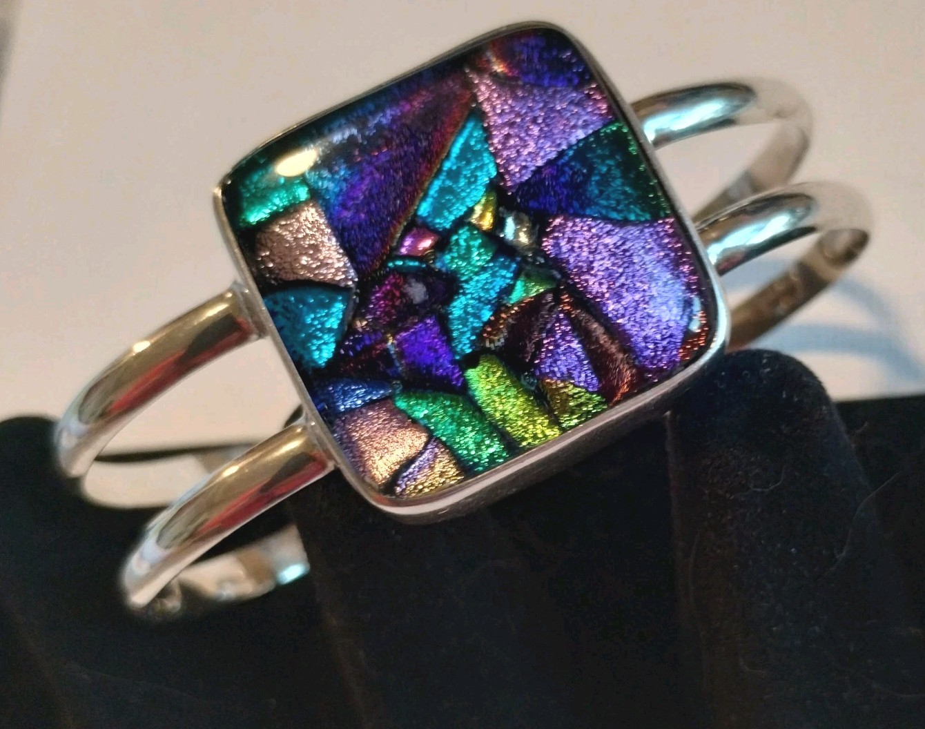Handmade Small Purple Blue Dichroic Glass Sterling Silver Cuff Bracelet 6.5in