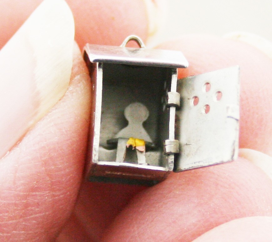 VINTAGE STERLING SILVER CHARM – Outhouse with Opening Door and Person Inside