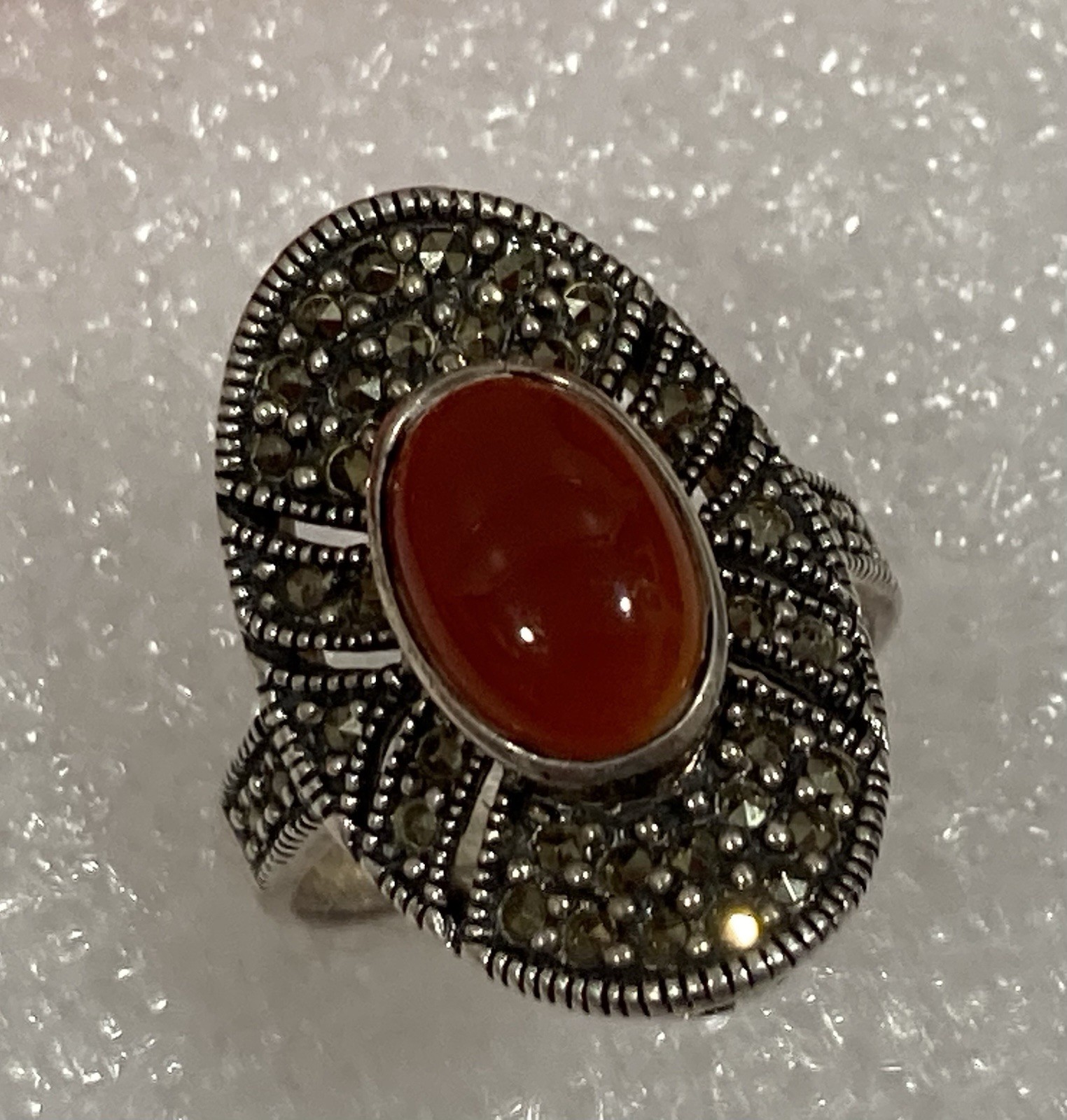 Vintage KL 925 Sterling Silver Carnelian Marcasite Dome Band Ring SIZE 8.75