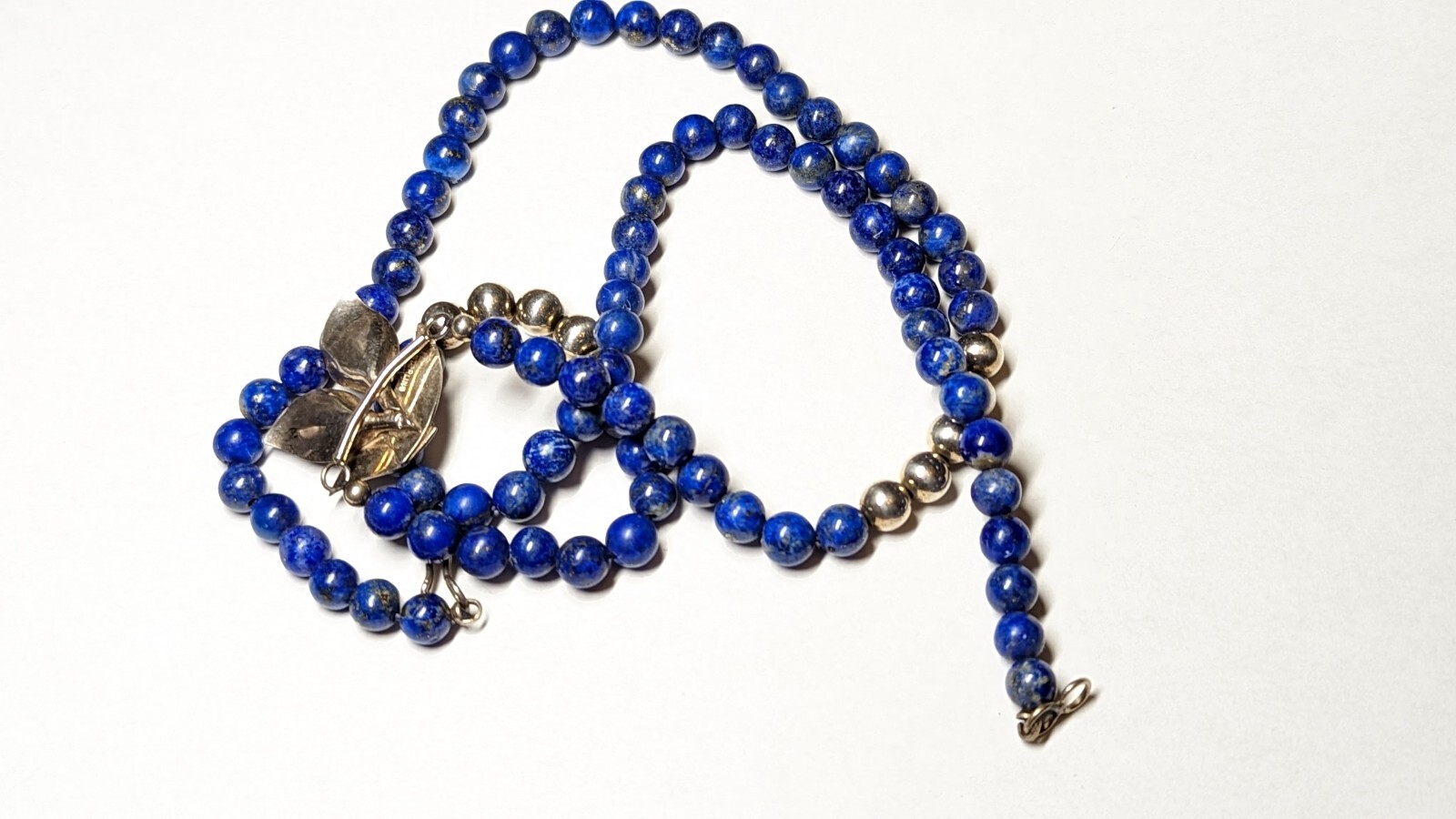 VINTAGE LAPIS LAZULI NECKLACE ABOUT 22 1/2″ LONG STERLING SILVER HALLMARKED