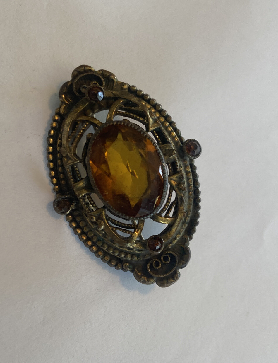 ANTIQUE VINTAGE ART DECO TOPAZ GLASS JEWELED BROOCH PIN almost 2″