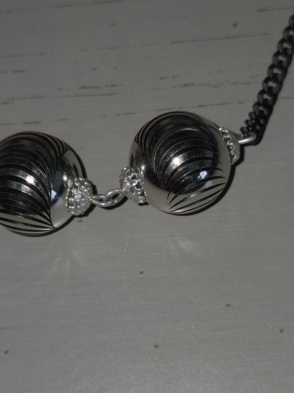 Vintage Western Germany Black And Silver Chain Necklace With 3 Large Ball Beads