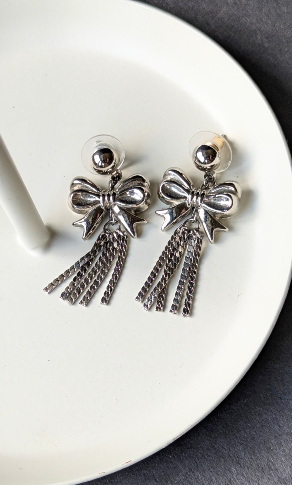 Vintage Silver Tone Ribbon Bow Tie Tassel Chain Charm Drop Stud Dangle Earrings