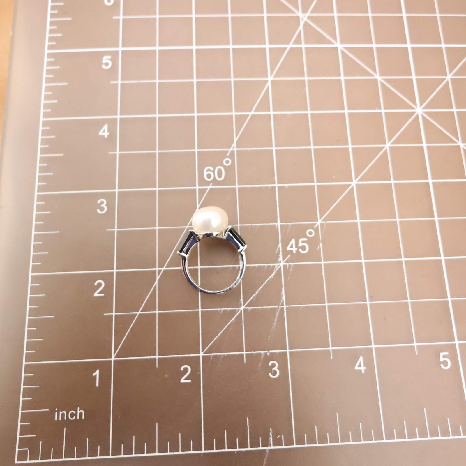 Art Deco ring QVC white pearl black crystals 925 sterling silver signet Size 5