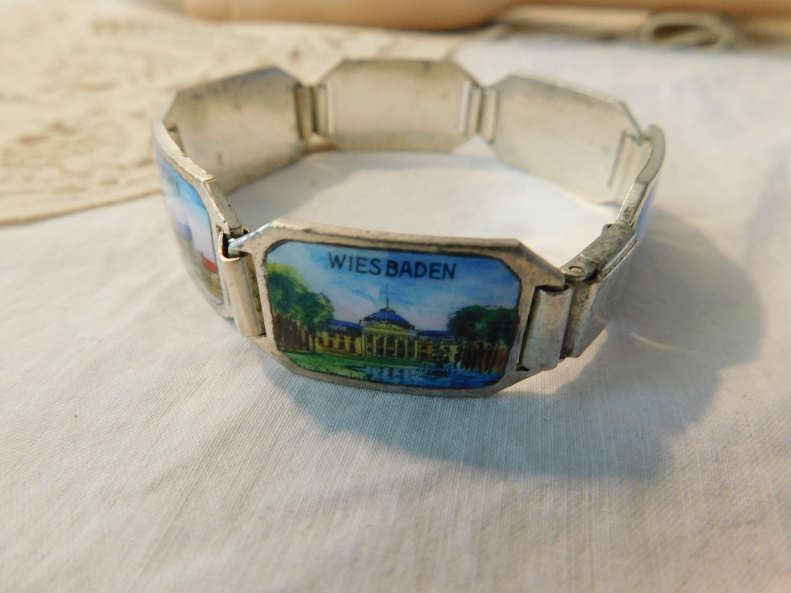 German Vintage Souvenir Panel Travel Bracelet Silver Enamel Munchen Frankfurt