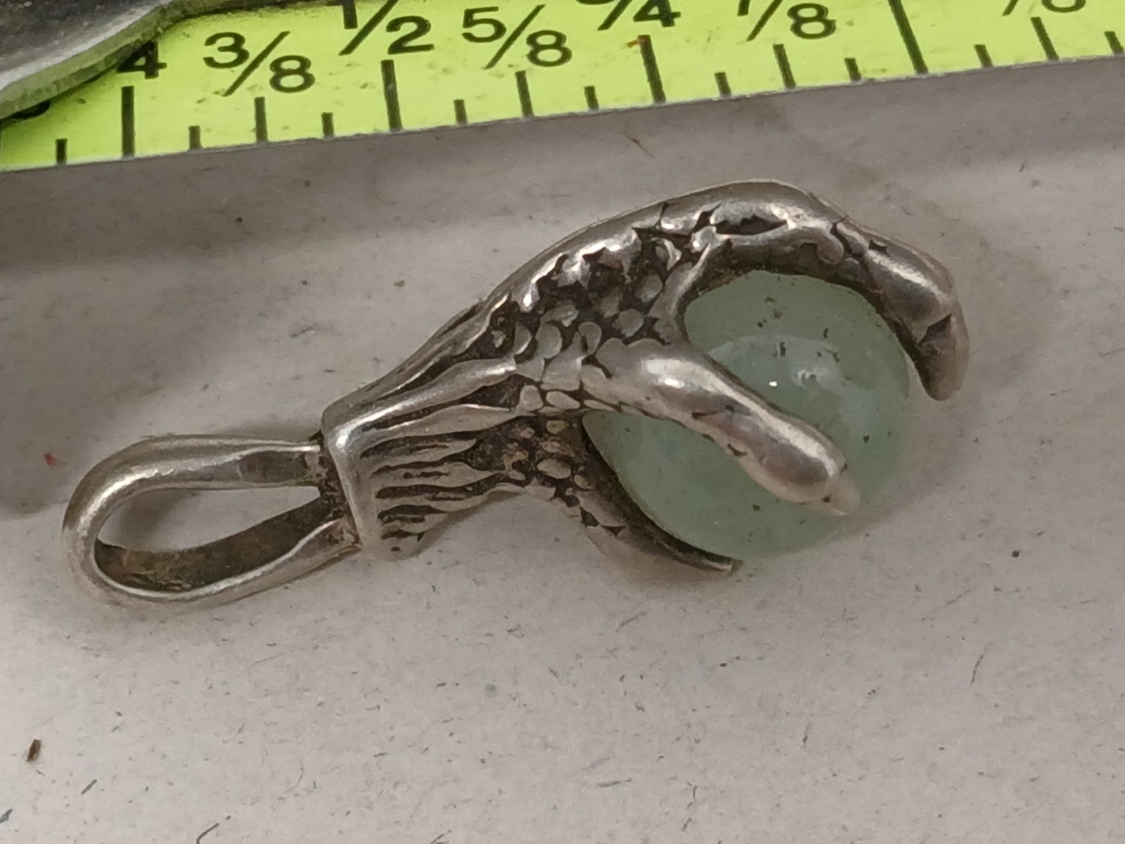 Vintage Silver Tone Claw Pendant Green Stone Metal Detecting Find Sterling?