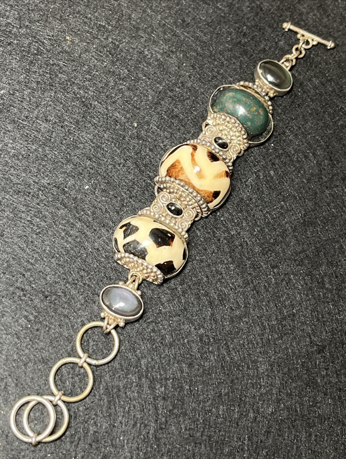 Vintage Sajen Sterling Silver Multi Dzi Mud Stone Bloodstone Bracelet 7″ 50g