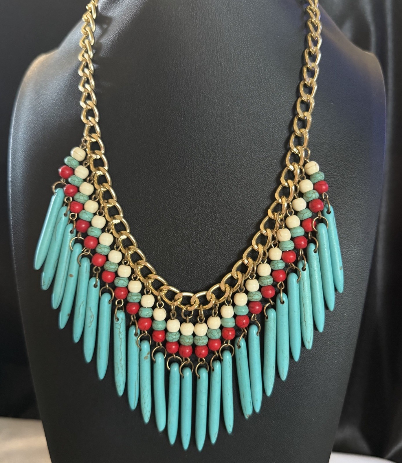 Faux Turquoise Red Coral Beaded Chain Fringe Bib Tribal Necklace Egyptian