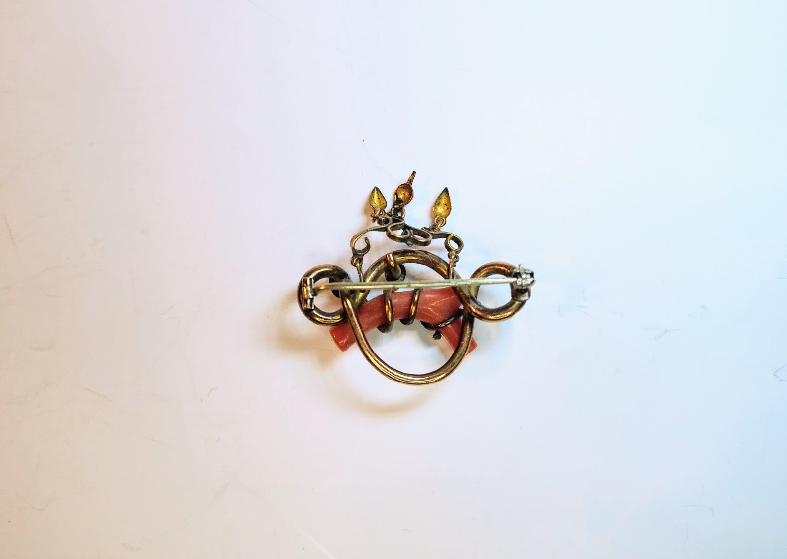 Antique 1800’s Victorian Gold Filled Red Coral Double Heart Love Knot Brooch/Pin