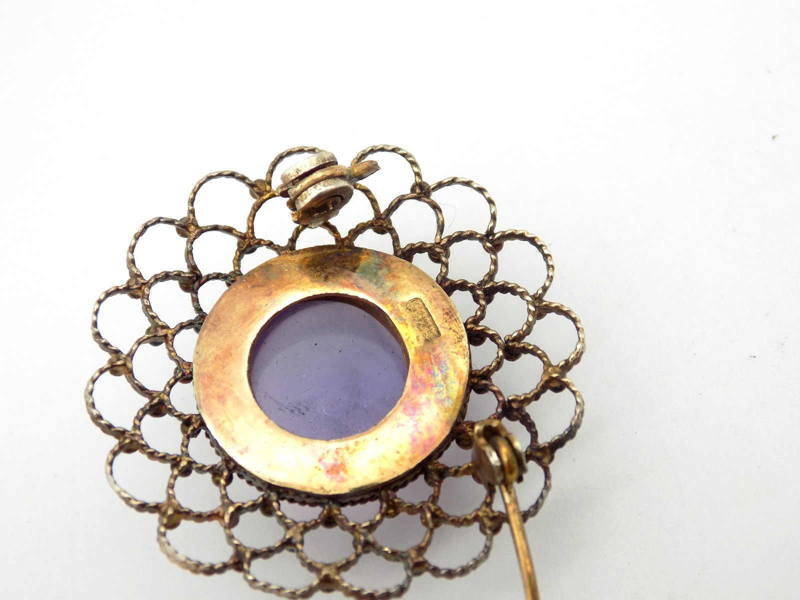 Sterling Silver Purple Amethyst Cabochon Brooch Ornate Woven Gold Vermeil