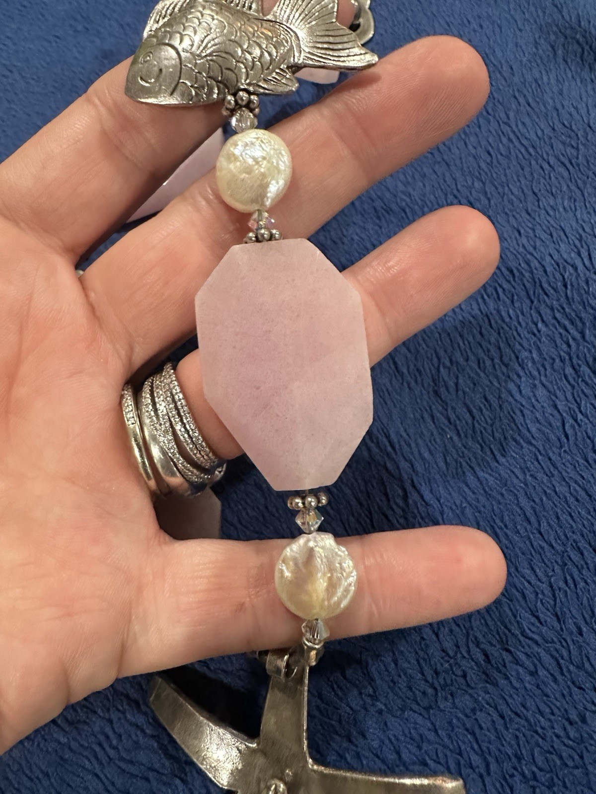 Sterling Silver 925 Rose Quartz MOP Starfish Fish Chunky Necklace, 17.5in Long